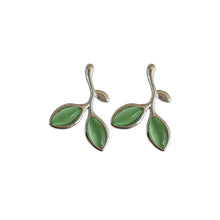 Load image into Gallery viewer, Silver and green pair of stud earrings in the shape of leaves
