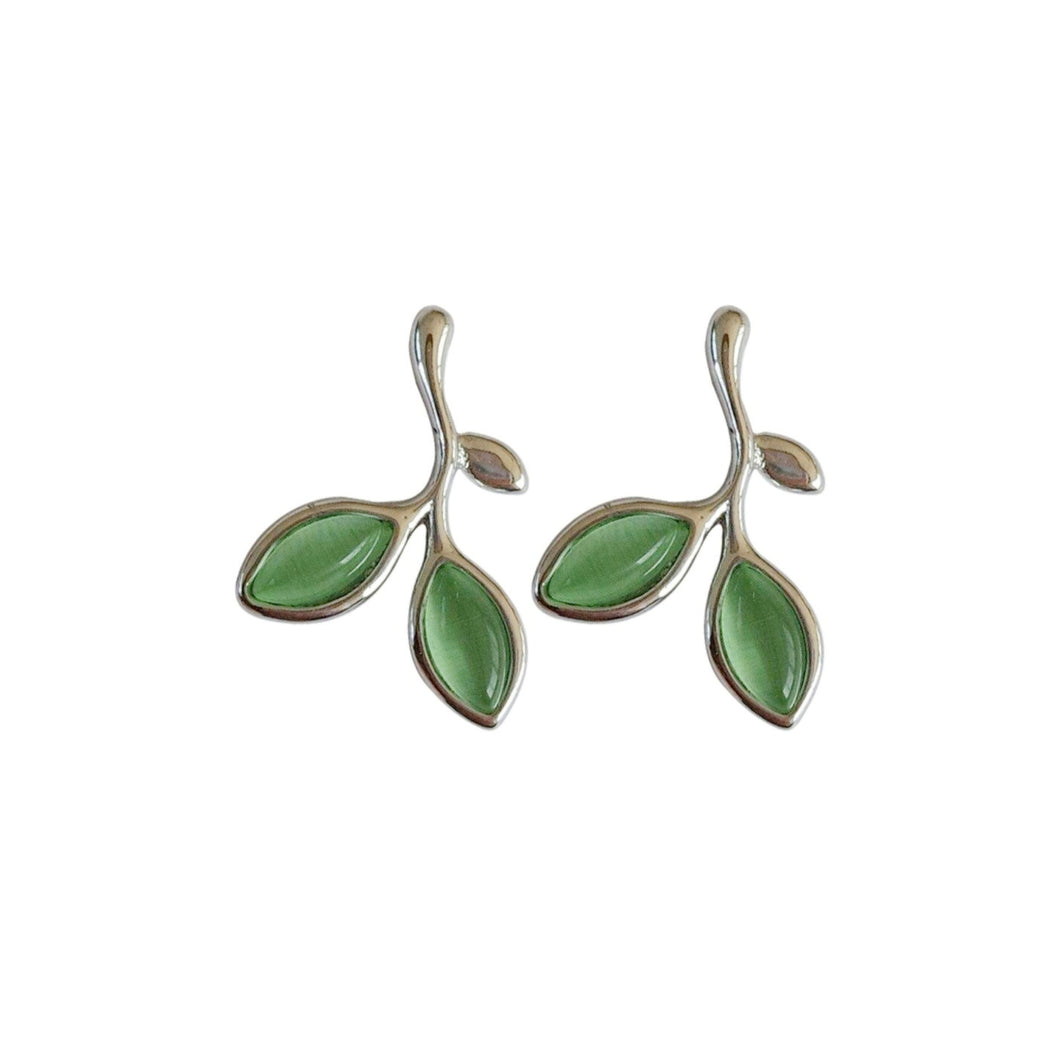 Silver and green pair of stud earrings in the shape of leaves