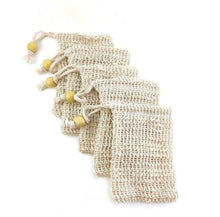 Load image into Gallery viewer, Natural sisal hemp soap bags with yellow wooden beads, set of 5
