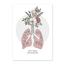 Load image into Gallery viewer, A line drawing and watercolour painting wall art poster showing flowers growing out of a lung symbolising self-care and self-love and lung health 
