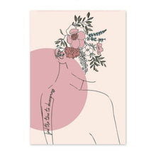 Load image into Gallery viewer, A line drawing and watercolour painting wall art print showing flowers growing out of a women&#39;s head symbolising self-care and self-love
