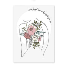 Load image into Gallery viewer, A line drawing and watercolour painting wall art print showing flowers on a women&#39;s back symbolising self-care and self-love
