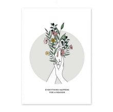 Load image into Gallery viewer, A line drawing and watercolour painting wall art print showing folded hands reaching up holding a bunch of flowers symbolising self-care and self-love and trust in everything that happens because it happens for a reason
