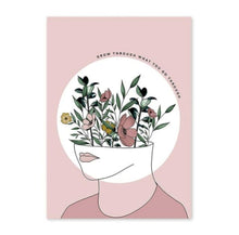 Load image into Gallery viewer, A line drawing and watercolour painting wall art print showing flowers growing out of a women&#39;s head symbolising self-care and self-love and growth
