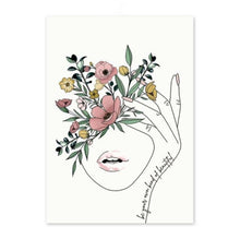 Load image into Gallery viewer, A line drawing and watercolour painting wall art print showing flowers growing out of a women&#39;s head symbolising self-care and self-love
