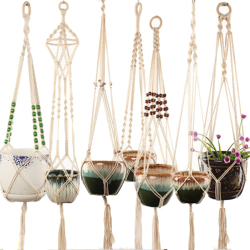 Sustainable handmade cotton macrame plant hangers in different styles