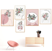 Load image into Gallery viewer, 5 watercolour painting wall art prints with line drawing of women and flowers conveying messages of self-care and self-love on the wall
