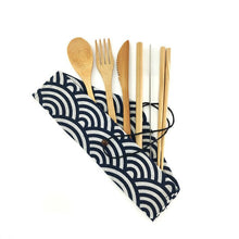 Load image into Gallery viewer, 6-piece bamboo cutlery set in white waves fabric case
