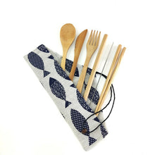 Load image into Gallery viewer, 6-piece bamboo cutlery set in blue fish fabric case
