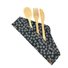 Load image into Gallery viewer, 3-piece bamboo cutlery set in white flowers fabric case
