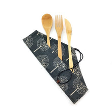 Load image into Gallery viewer, 3-piece bamboo cutlery set in grey trees fabric case
