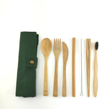 Load image into Gallery viewer, 7-piece bamboo cutlery set with toothbrush in green fabric case
