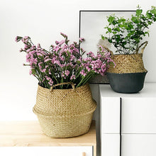 Load image into Gallery viewer, Display of two natural seagrass wicker baskets with flowers and plants
