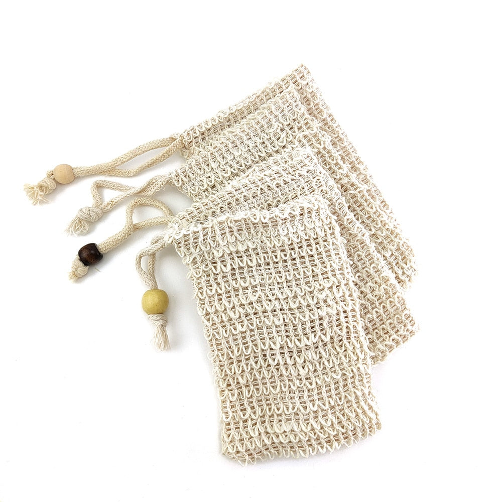 Natural sisal hemp soap bags with mixed coloured wooden beads, set of 4