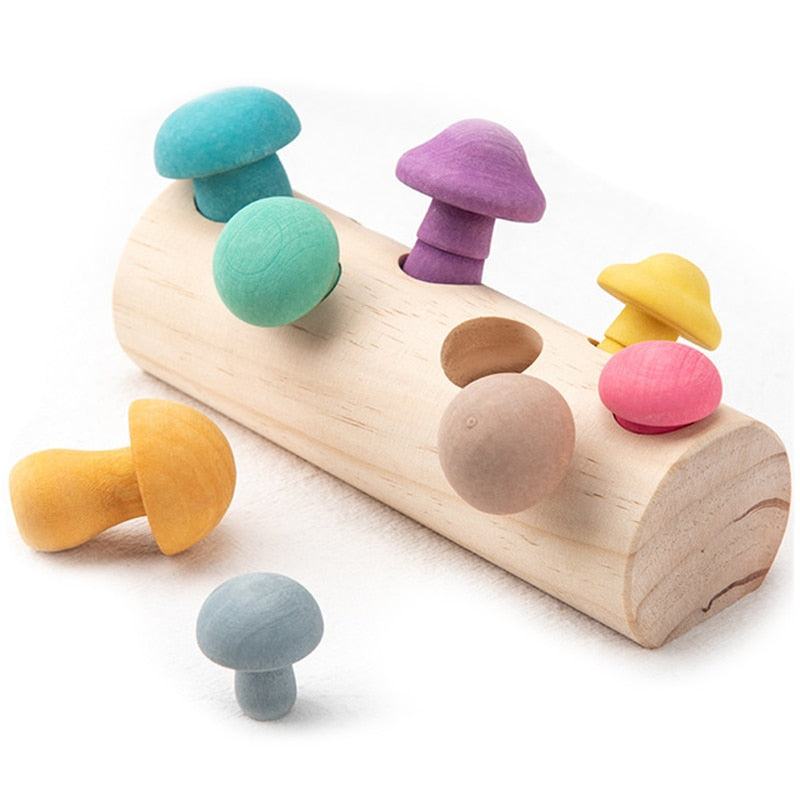 Wooden Montessori mushroom sorting game for toddlers and preschoolers